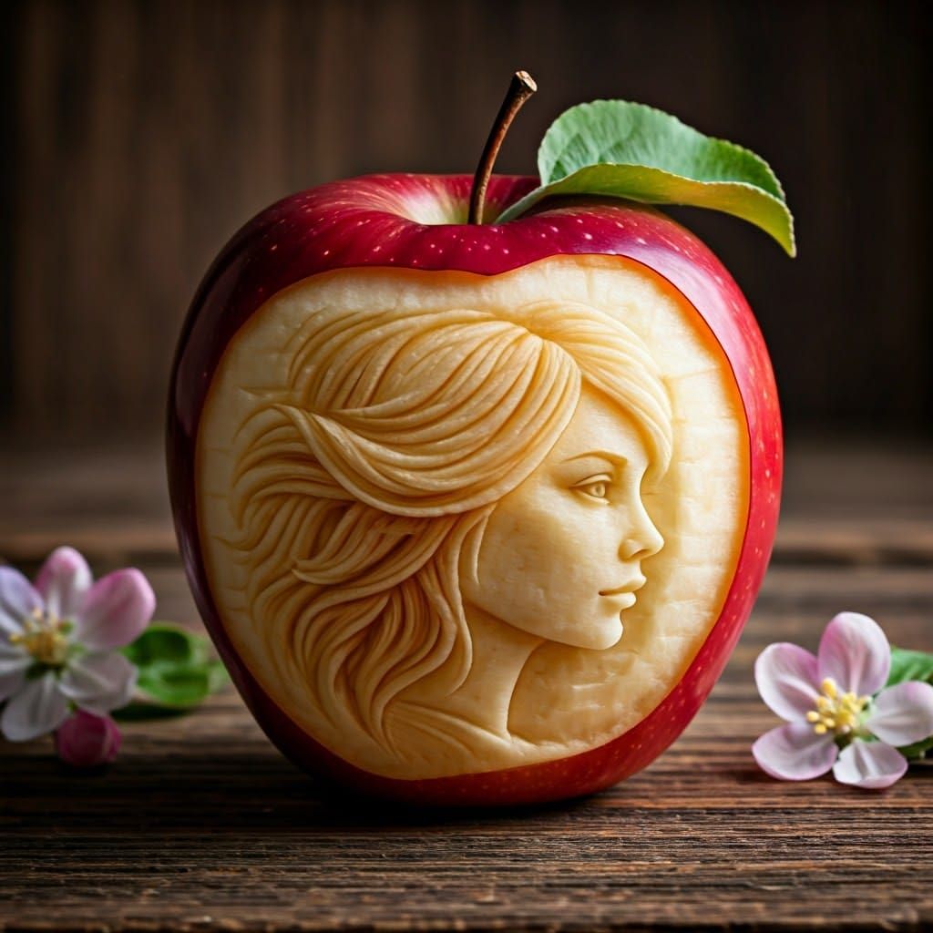 Stunning Lifelike Carving of Woman's Face in Apple