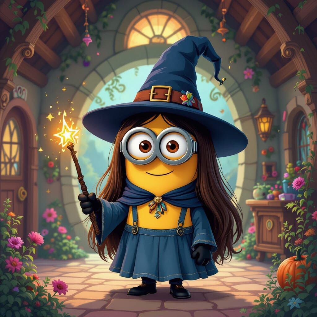 Minion Witch with Brown Hair and Wand in Coven House