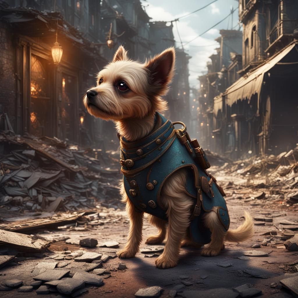Distressed Dog in War-Torn Street: Matte Painting