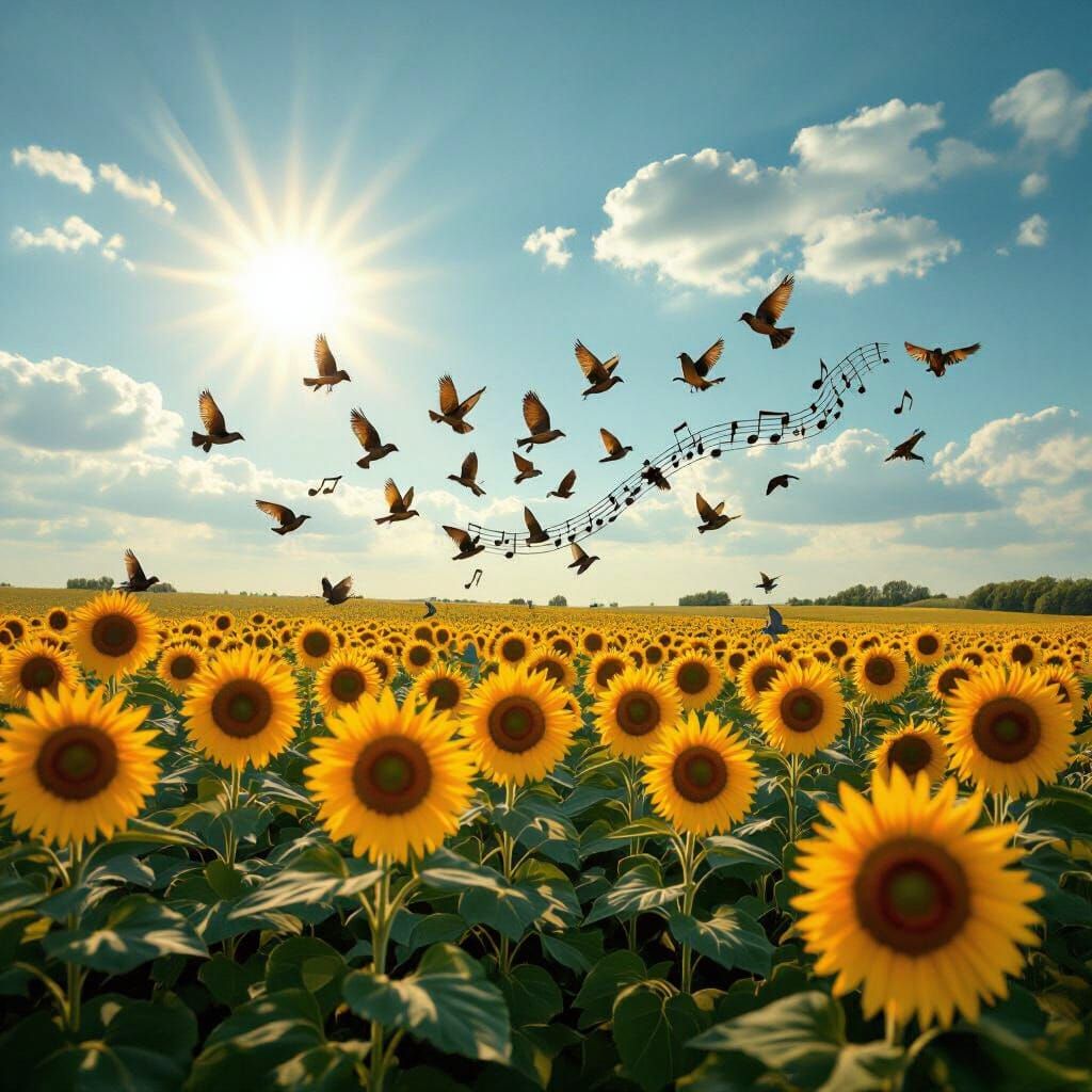 Birds Morphing to Music Over Sunflowers, Surrealist Photogra...