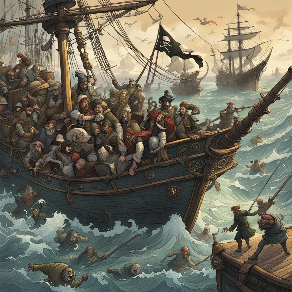 Pirates fighting sea monsters