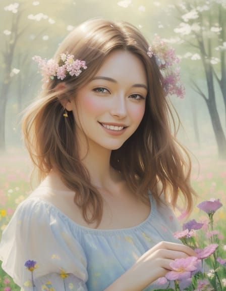Ethereal Young Woman in a Vibrant Floral Meadow