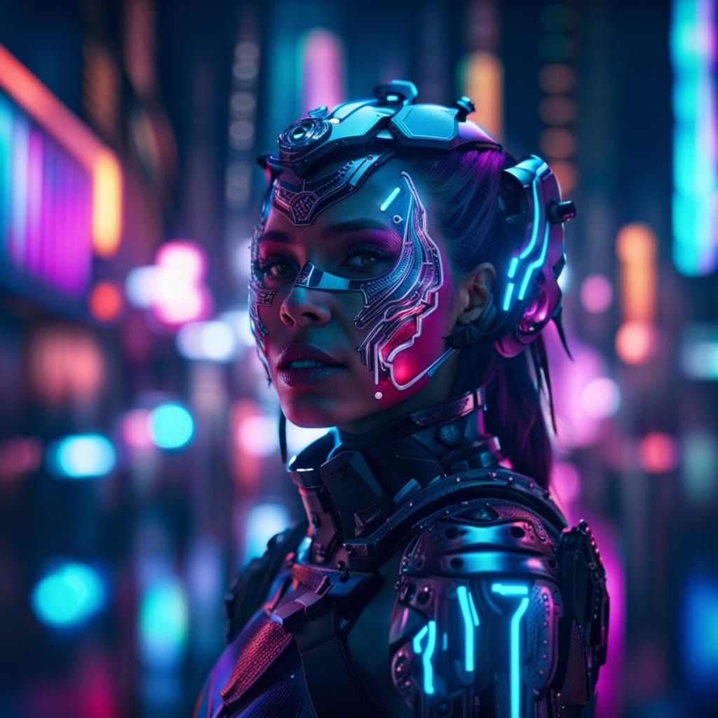Cyborg Girl with Neon Armor in a Digital Painting