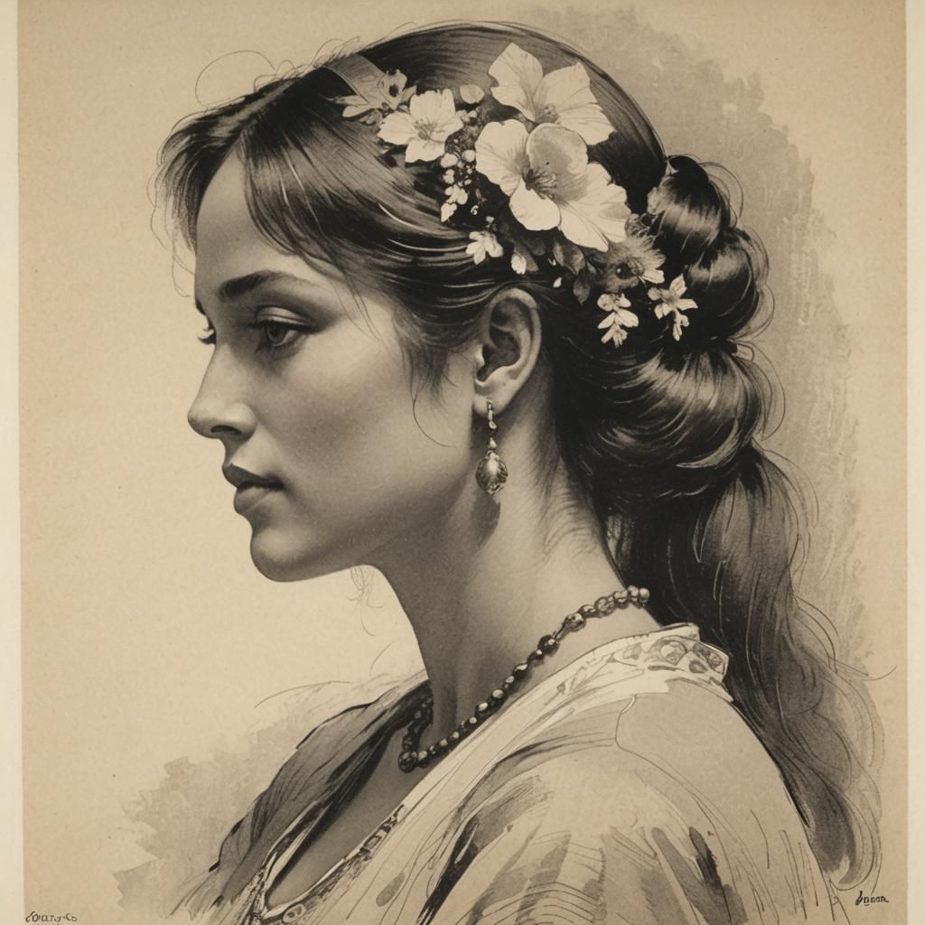 Vintage Lithograph: Beautiful Woman in Redon Style