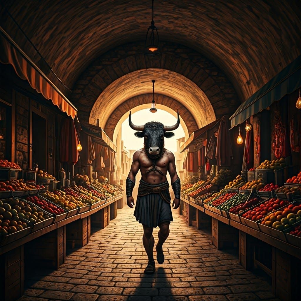 Minotaur in Crowded Market, Hyperdetailed Digital Art