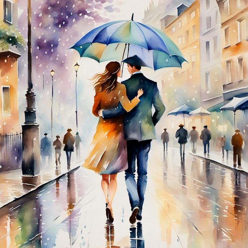 Surreal Watercolor Scene of a Happy Couple in Rainy City Str...