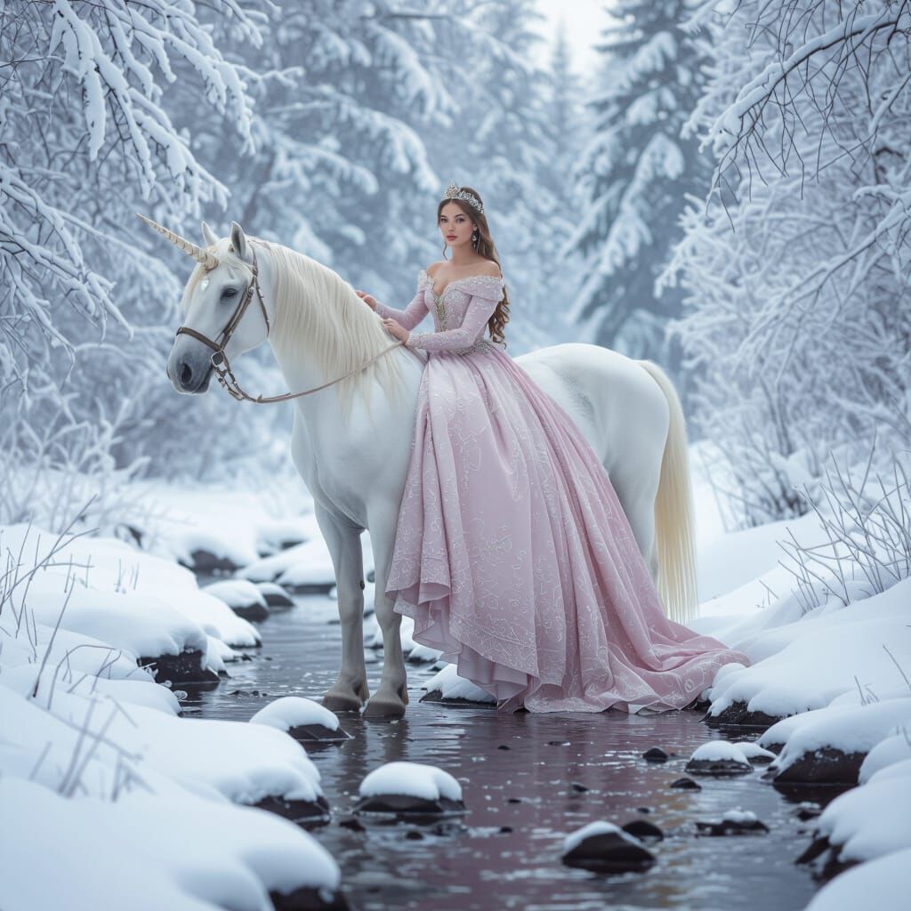 Princess on White Unicorn in Snowy Forest