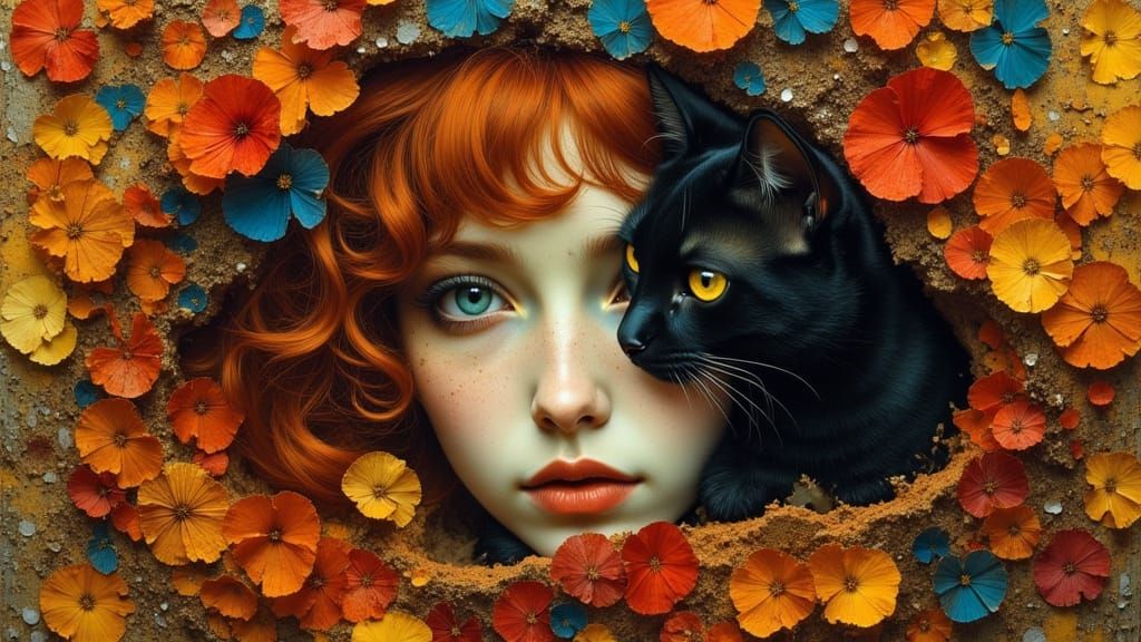 Crimson Haired Woman and Black Cat in Vibrant Oil Painting