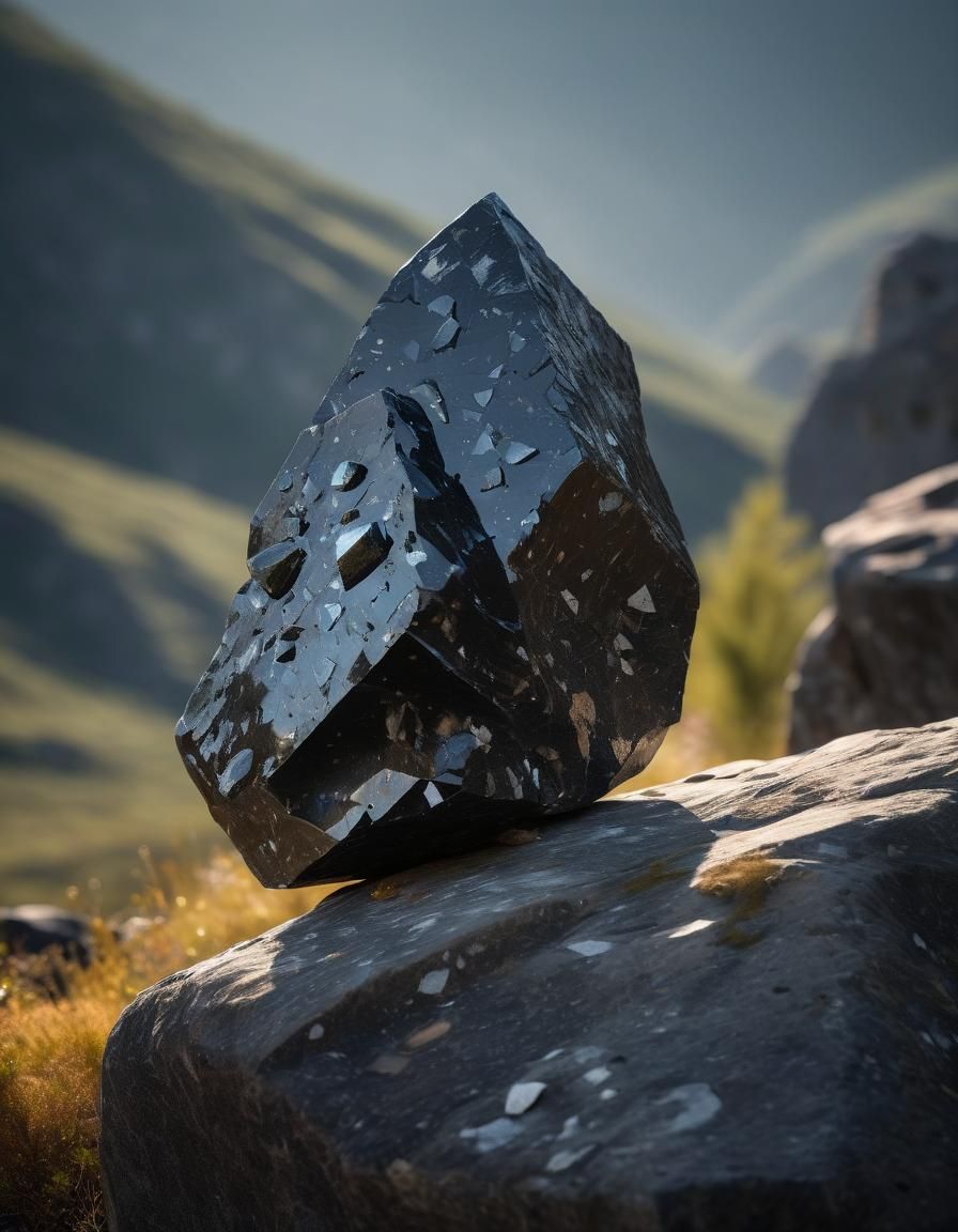 Jagged Obsidian Boulder in Highland Landscape