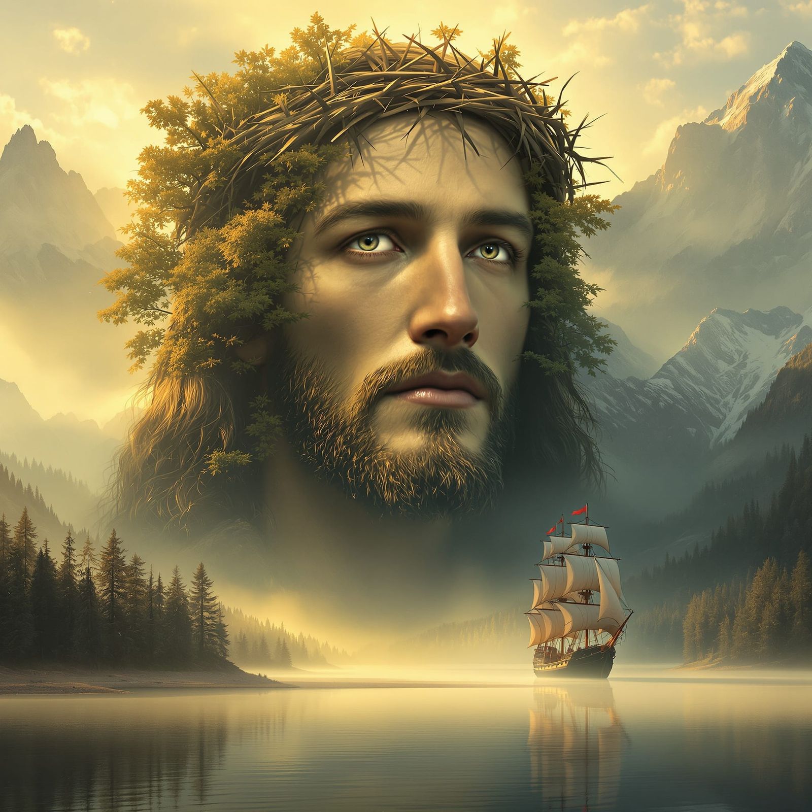 Dreamlike Christ in Golden Landscape