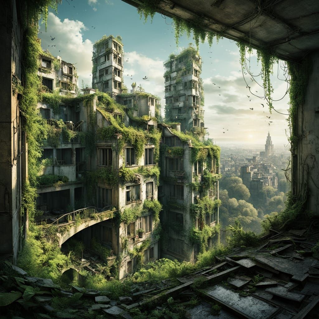 Dreamlike Abandoned Cityscape in Vibrant Colors and Soft Lig...