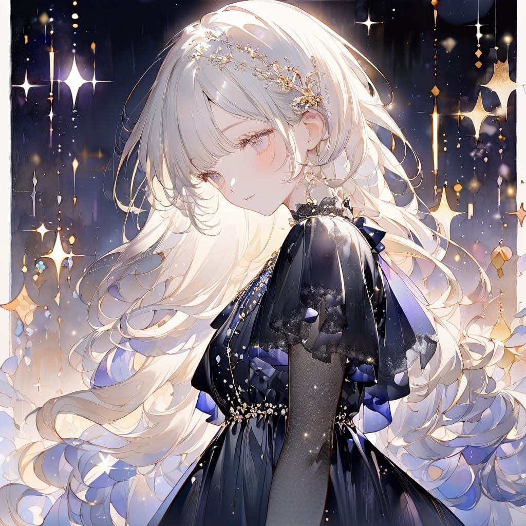 Glossy Anime Portrait of a Girl in a Black Dress