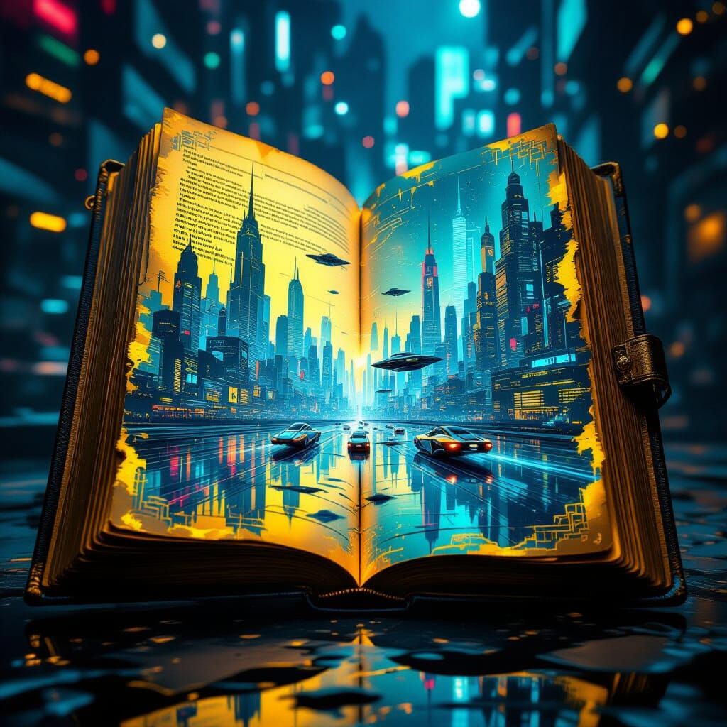 Futuristic City Revealed in Ancient Book Double Exposure