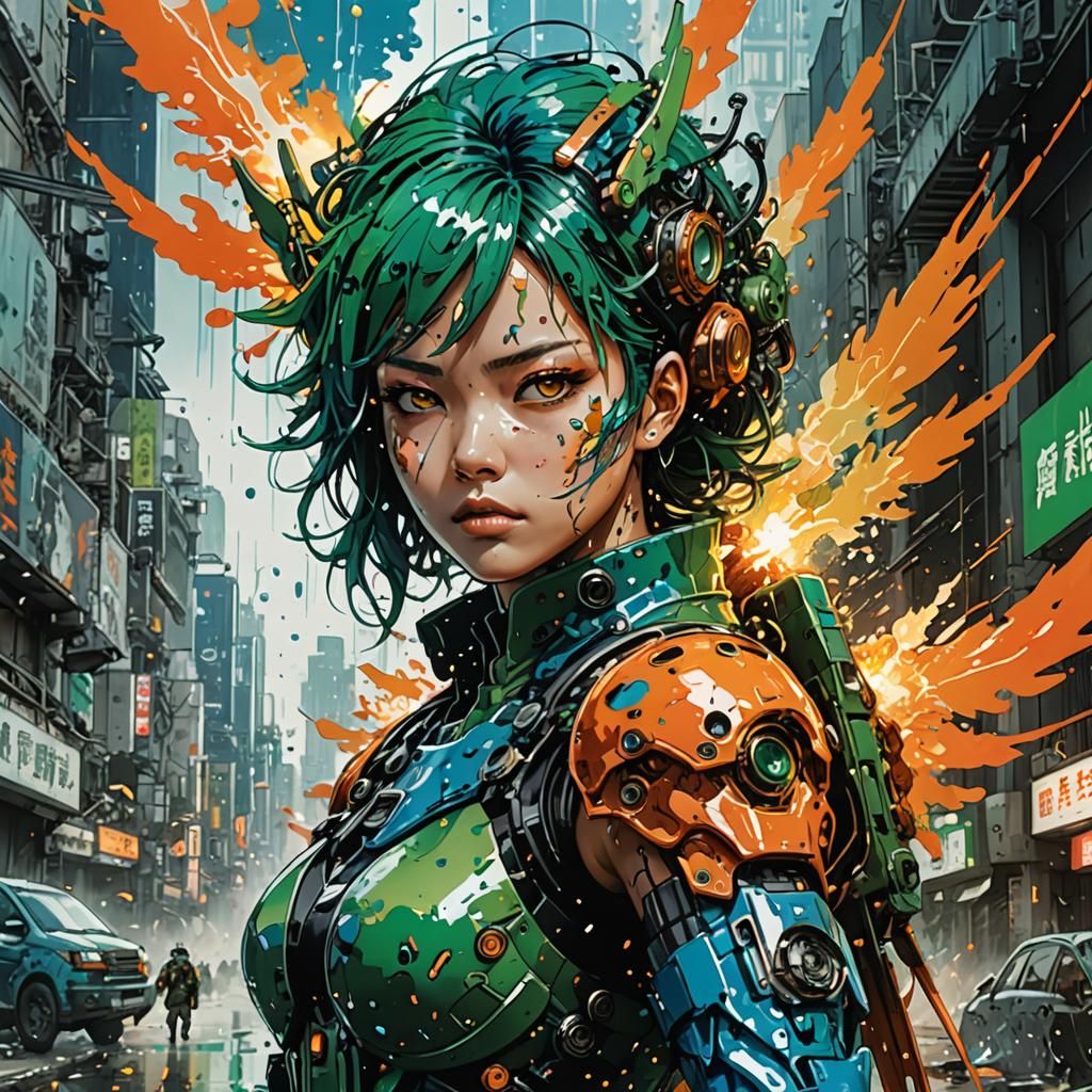 Winged Cyborg and Girl, Detailed Illustration