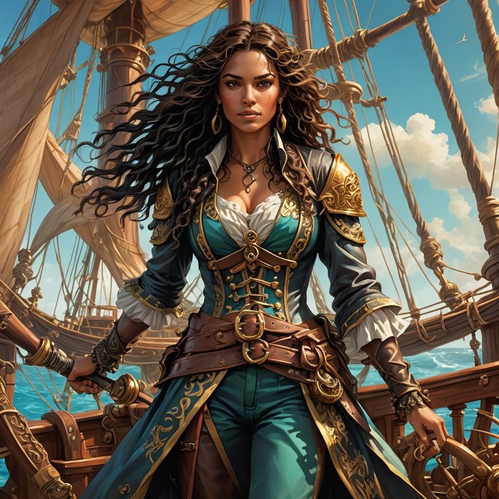 Golden Pirate Ship with Raven-Haired Captain