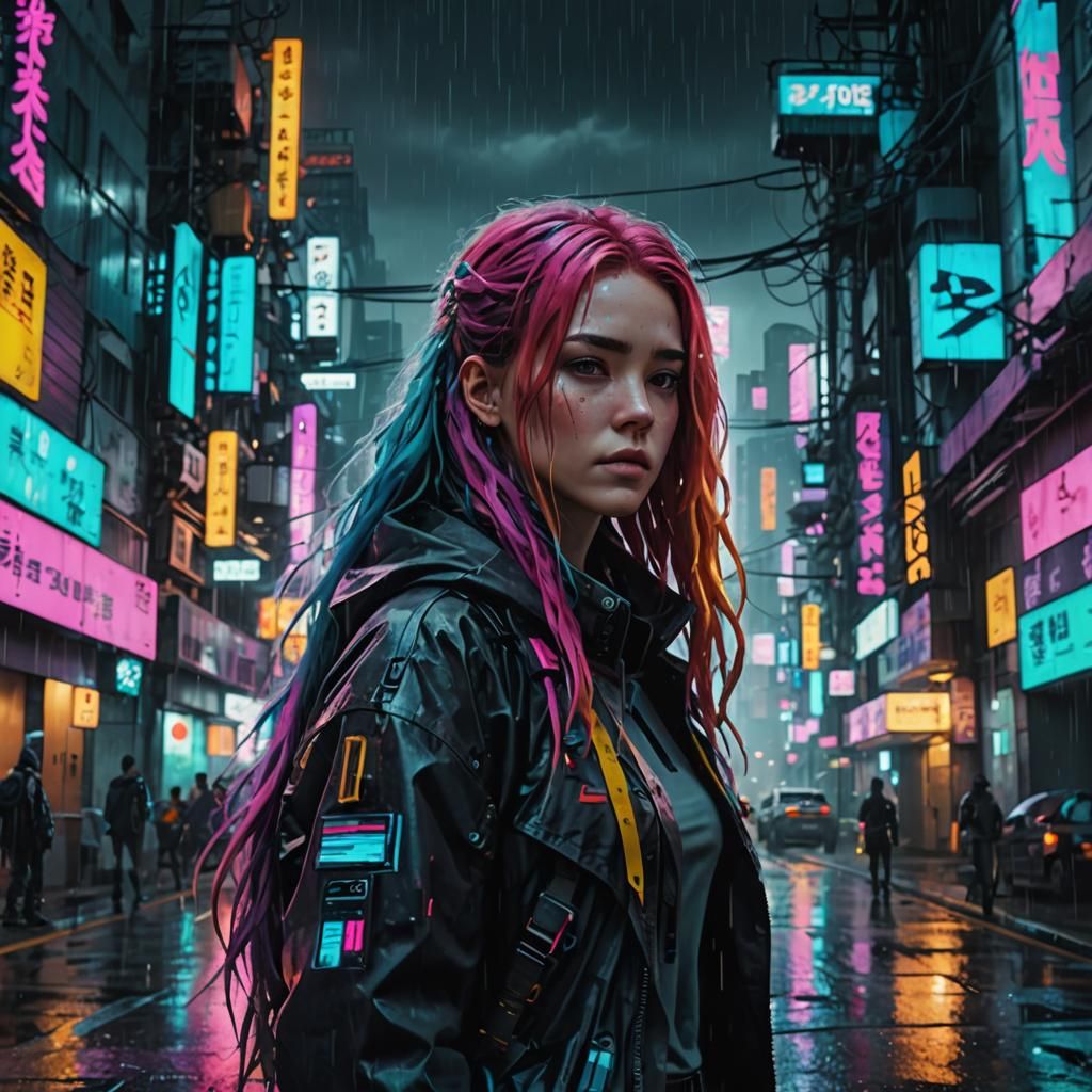 Cyberpunk Protagonist in Rainy City, Glitch Art
