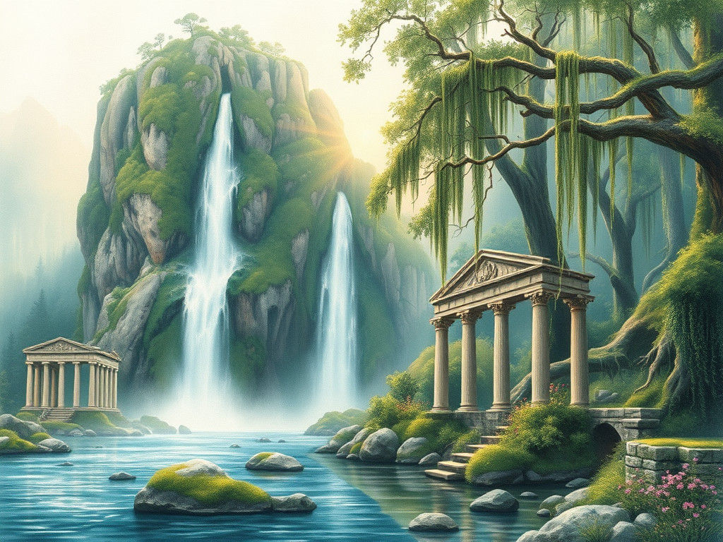 Waterfall Cascading Near Roman Ruins in Watercolor