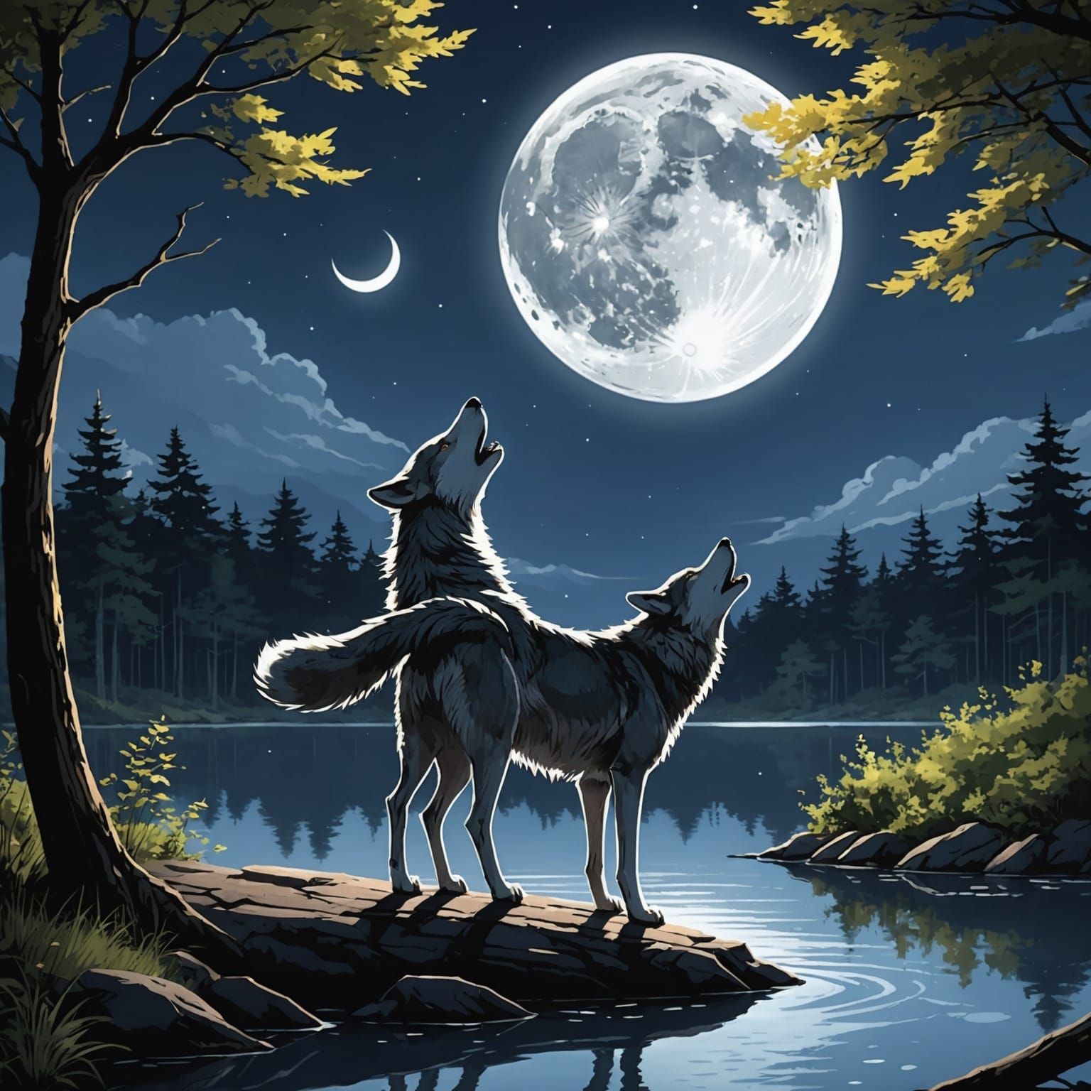 Two-Headed Wolf Howling at Moon in Anime Style