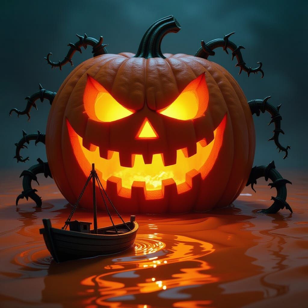 Giant Jack-o'-Lantern Dumps Ship into Slime Sea