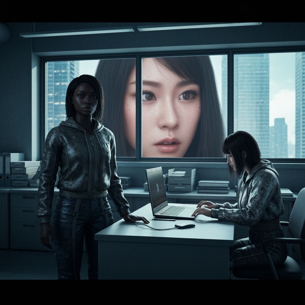 Dystopian Dames in Japanese Office with Giant Monster Face