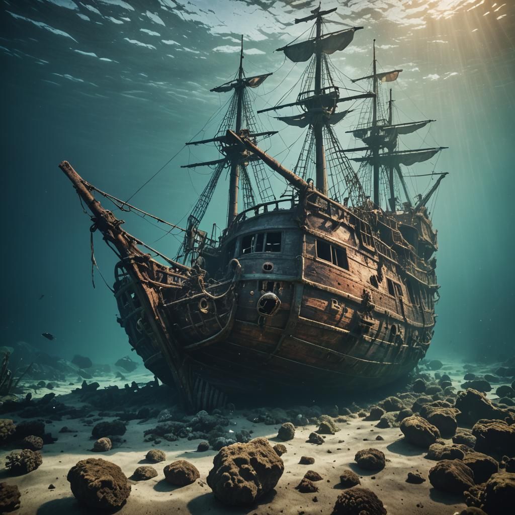 Dramatic Underwater Pirate Shipwreck in Cinematic Style