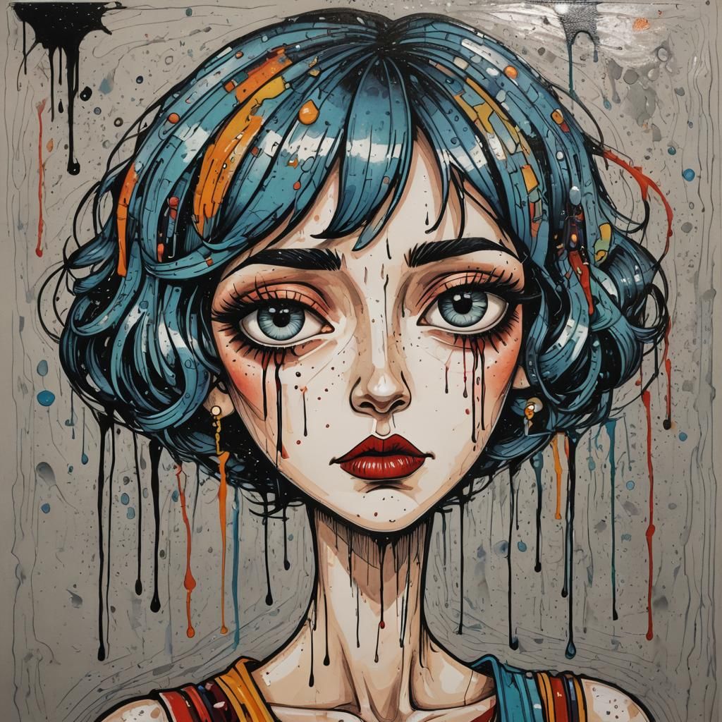 Pop Art Crying Woman Caricature with Bold Colors