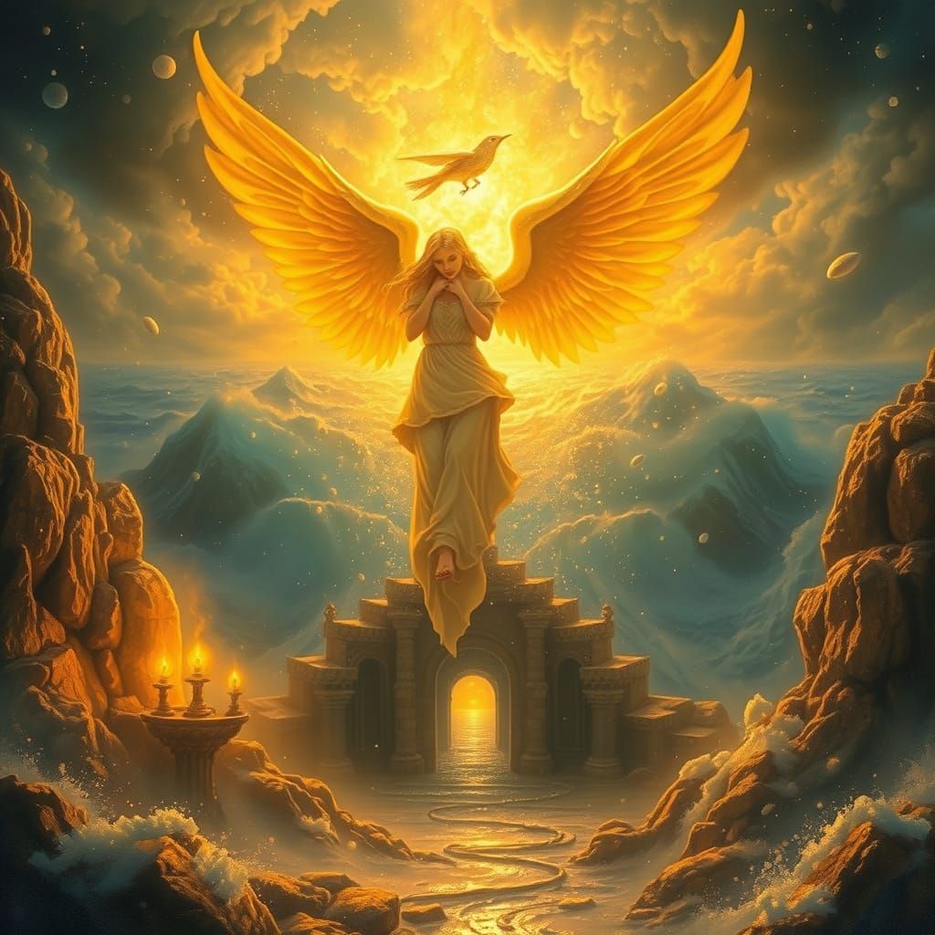 Angel in Art Nouveau Apocalypse Scene with Hail Ocean