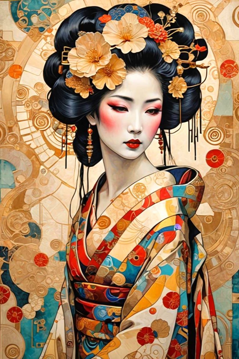Geisha Portrait in Abstract Art Nouveau Style