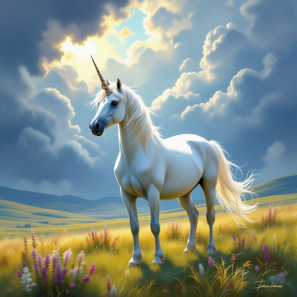 Majestic Unicorn in Sunlit Meadow with Stormy Sky