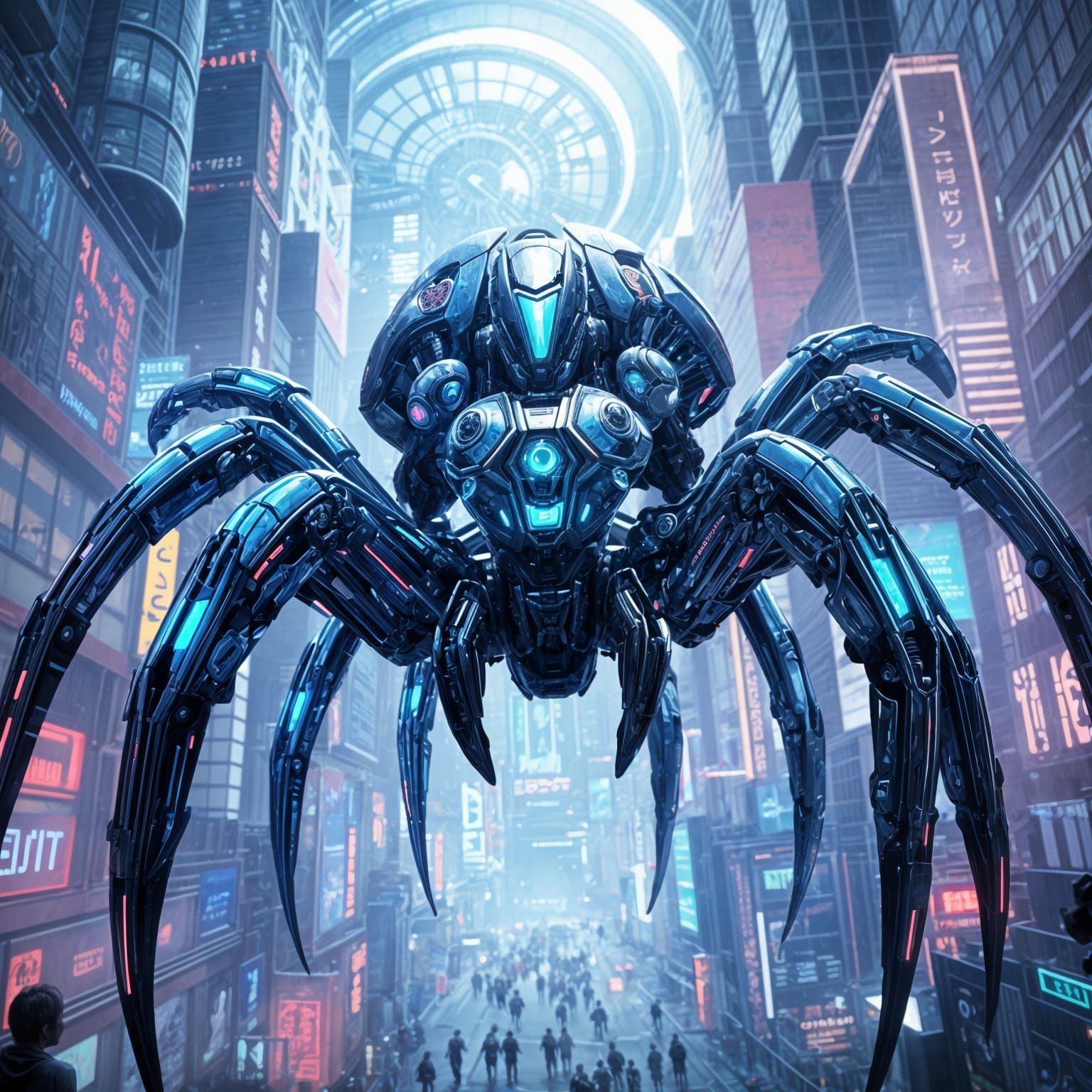 Cyberpunk Robot Spider in Futuristic Metropolis