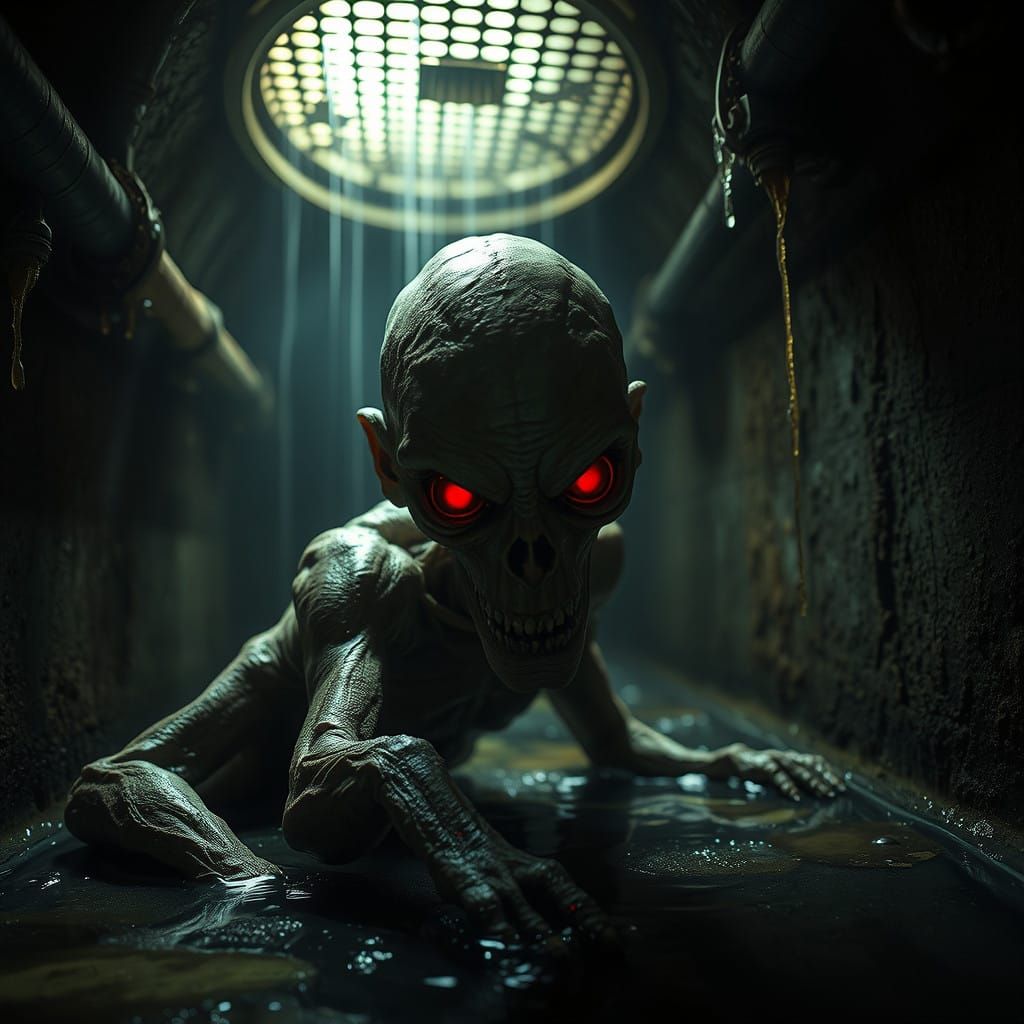 Grotesque Sewer Creature Unveiled in Shadows