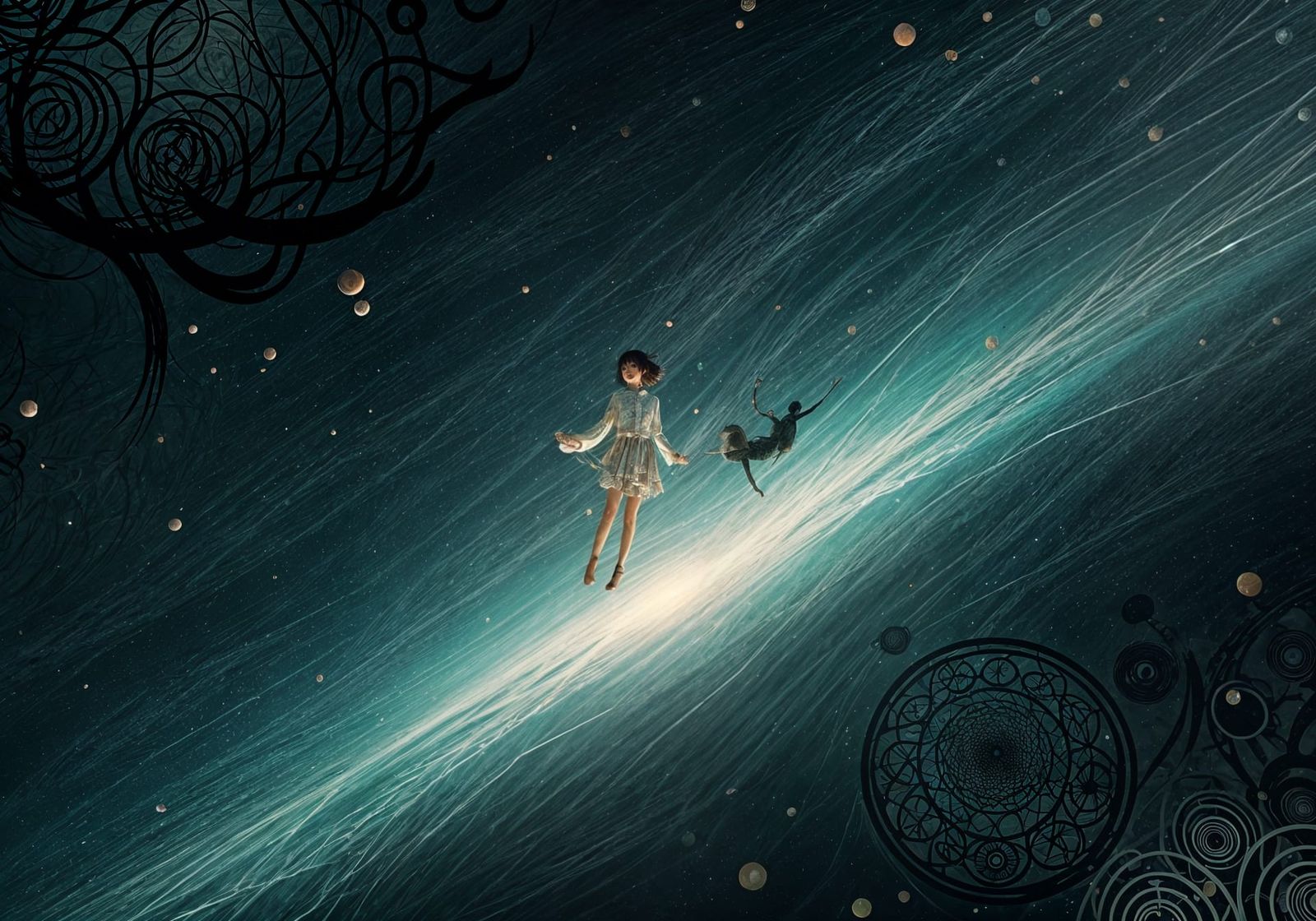 Dreamlike Figures Float in Abstract Sea