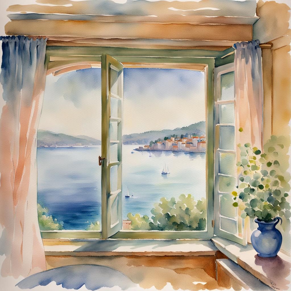 Bay of Villefranche Impressionist Watercolor Painting