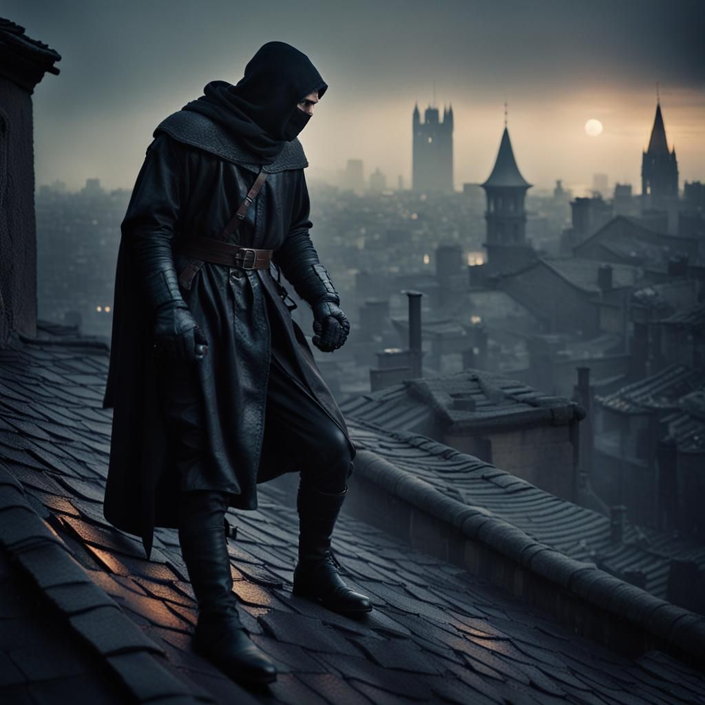 Medieval Burglar on Rooftop: Cinematic Film Still