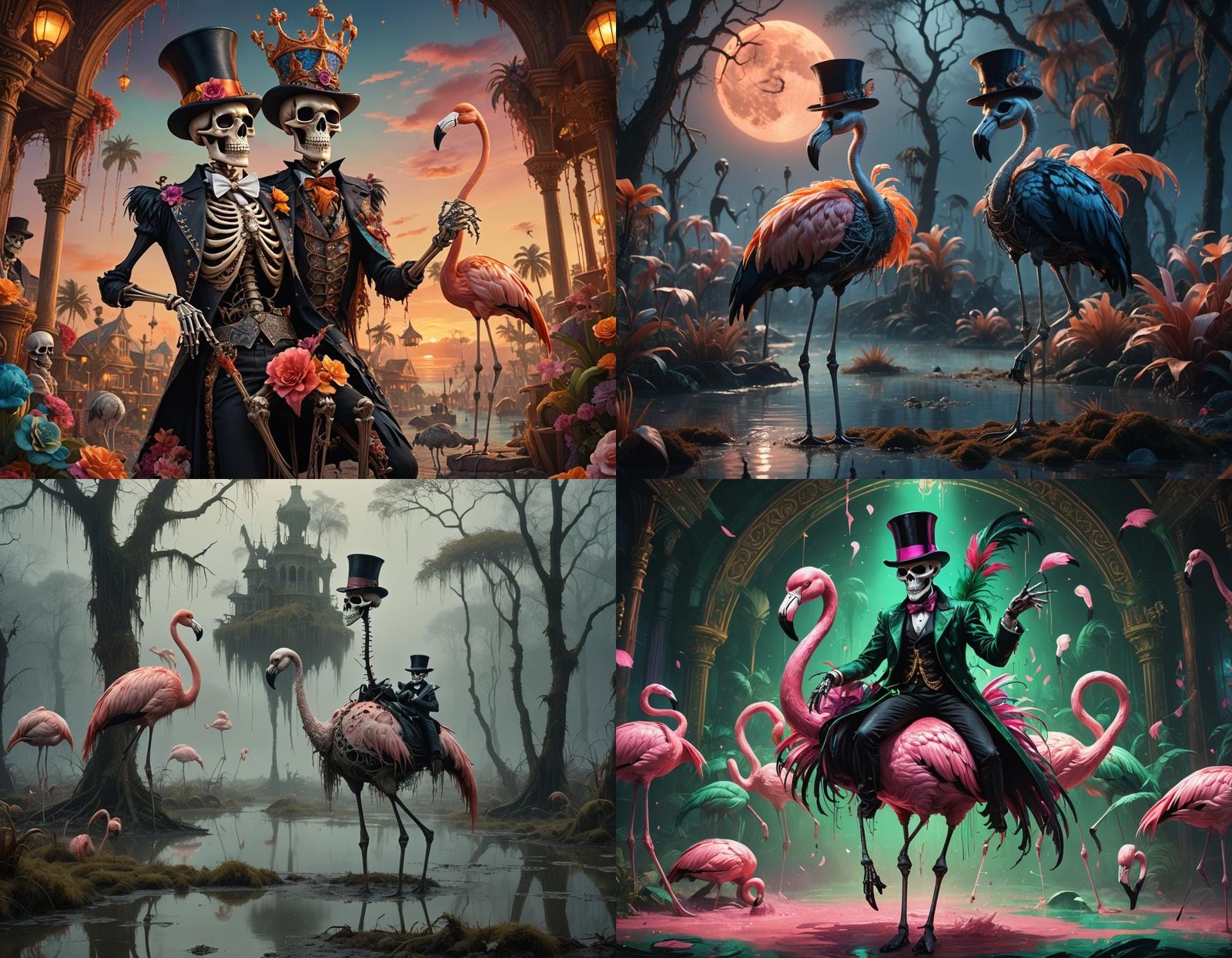 Skeleton Top-Hat Riding Flamingo in Detailed Painting