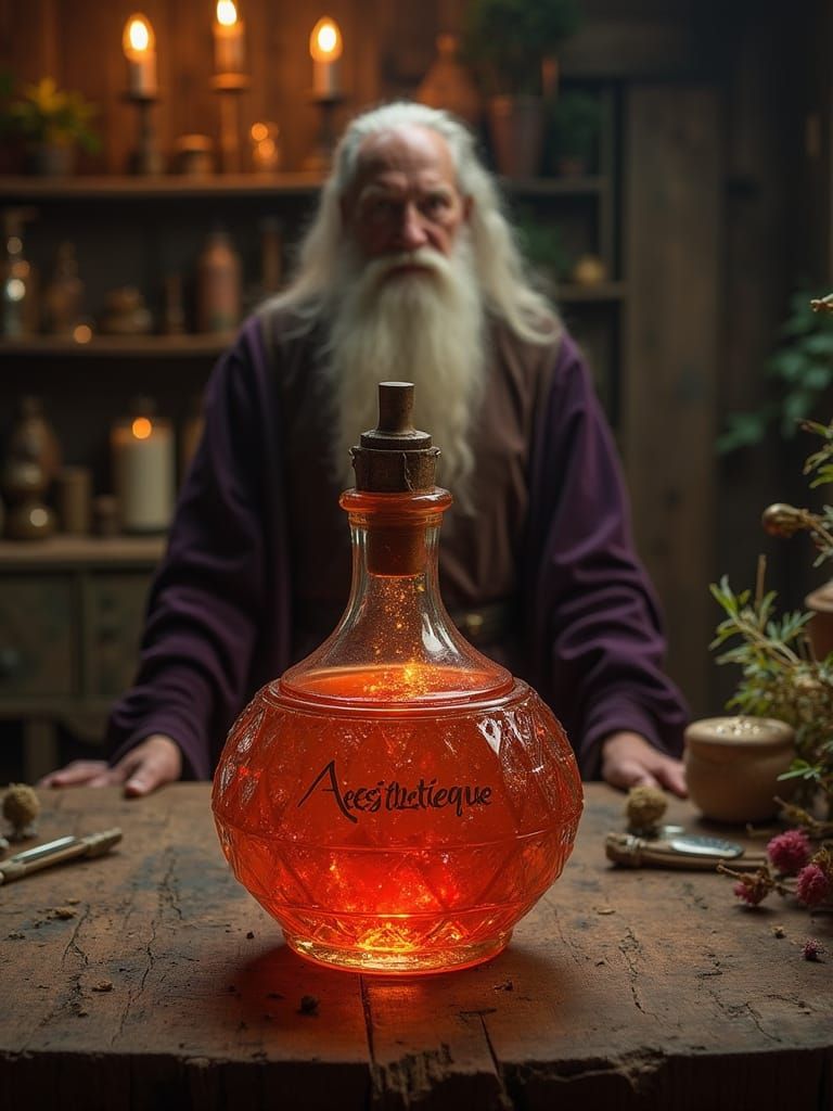 Elderly Sorcerer in Ancient Apothecary Setting