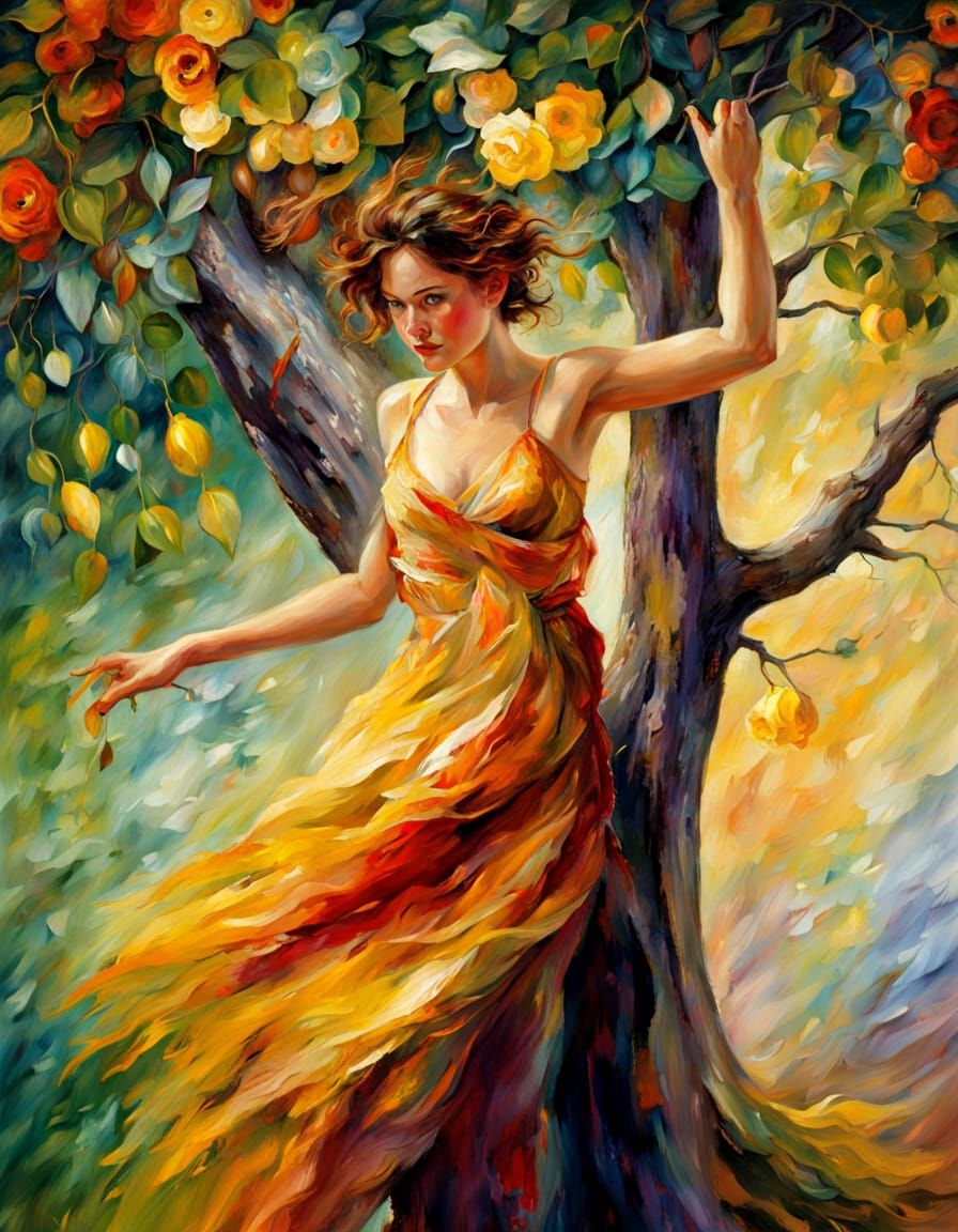 Joyful Elf Dancing Under Olive Tree in Vibrant Oil Painting