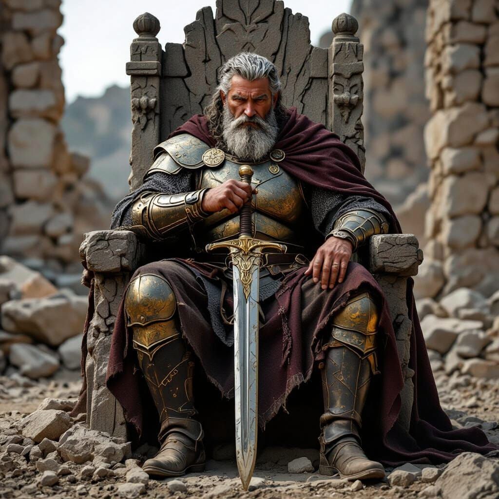 Hyperrealistic Conan-esque Warrior on Stone Throne