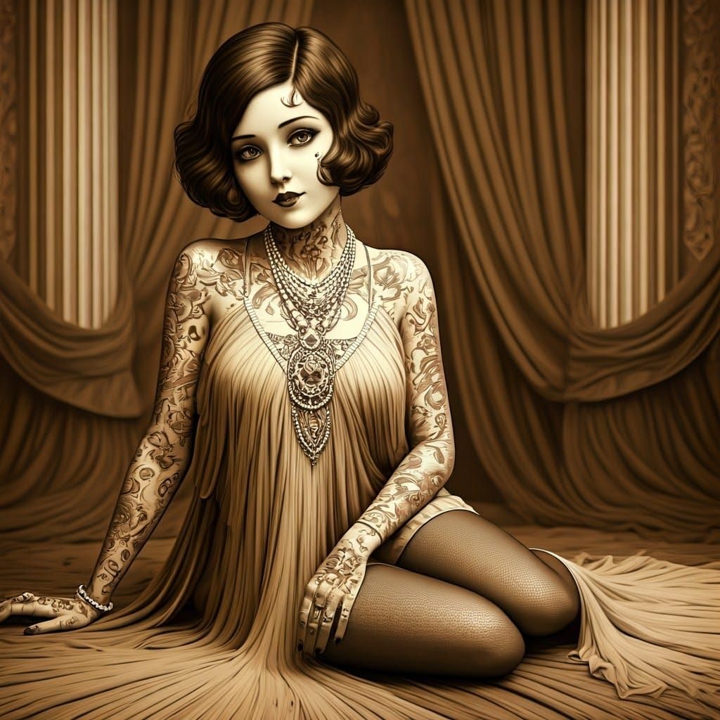 Flapper Pin-Up Girl with Tattoos in 1920s Style