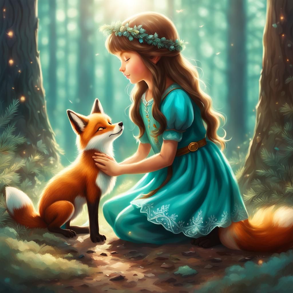 Elf Girl and Fox in Sunlit Forest
