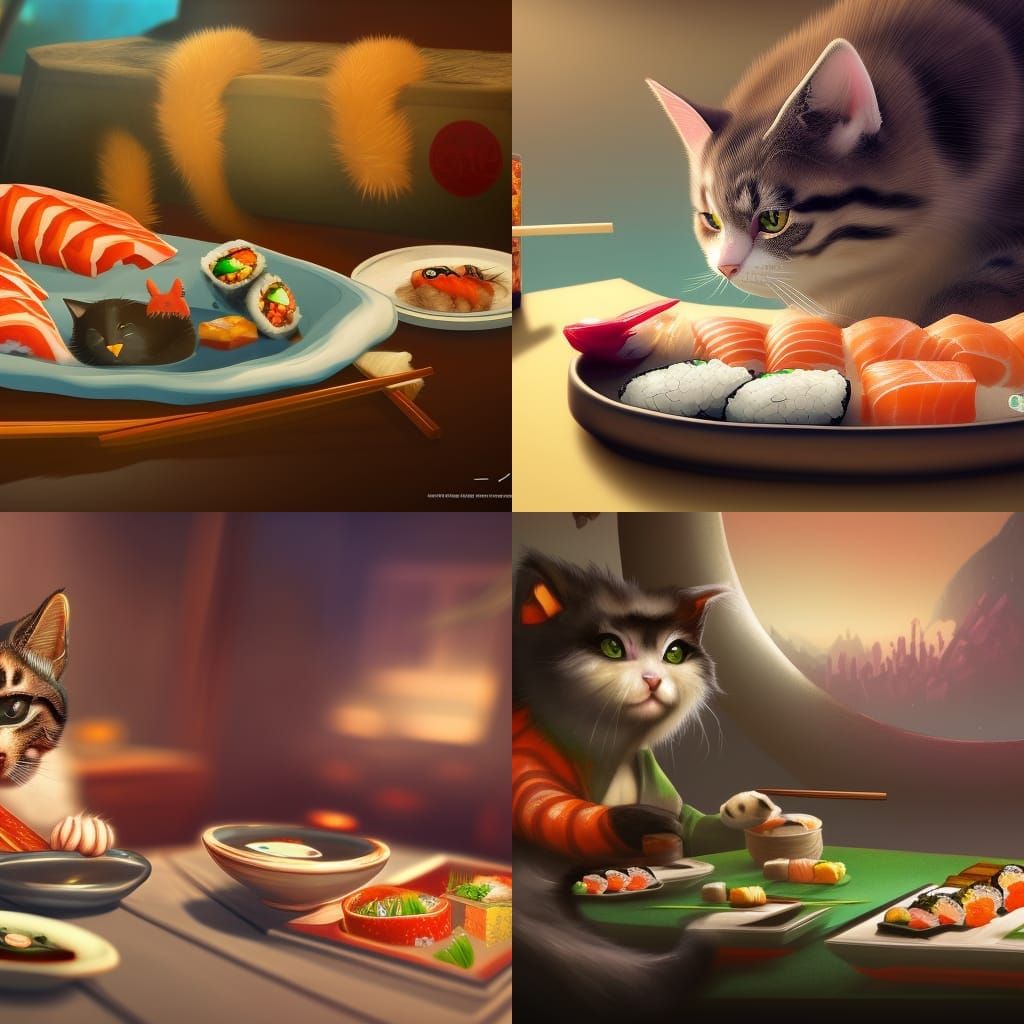 Cat Eating Sushi: Detailed Matte Painting
