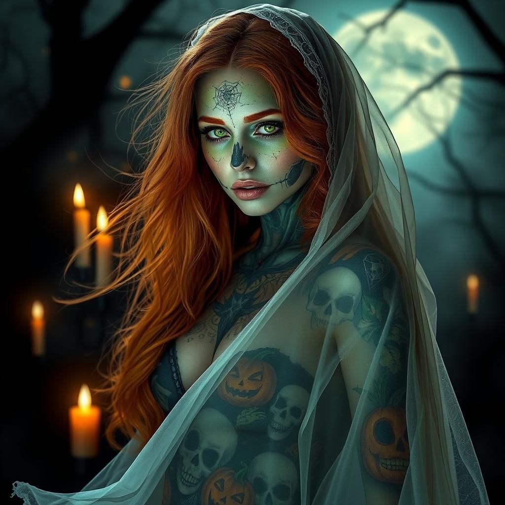 Ethereal Halloween Goddess with Sugar Skull Tattoos