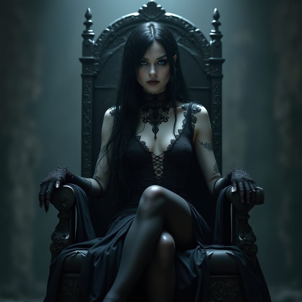 Mystical Goth Woman on Throne in Digital Matte Painting
