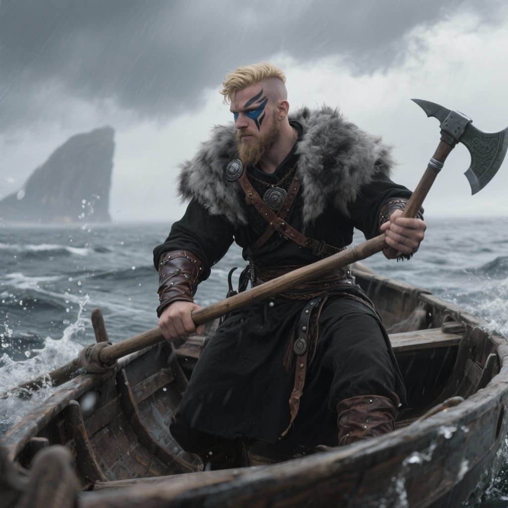 Viking Warrior Rowing Through Stormy Seas