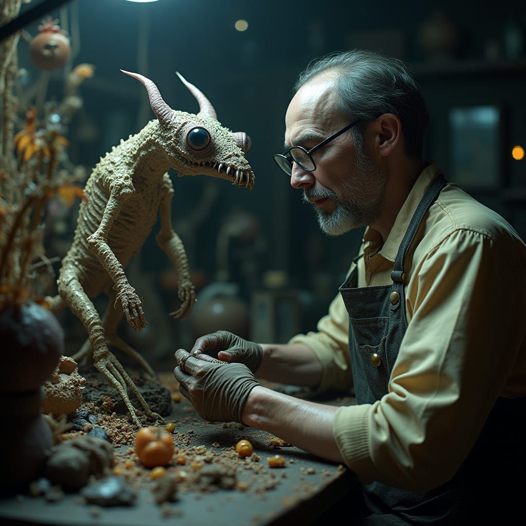 Grotesque Cryptid Taxidermist in Surreal Laboratory