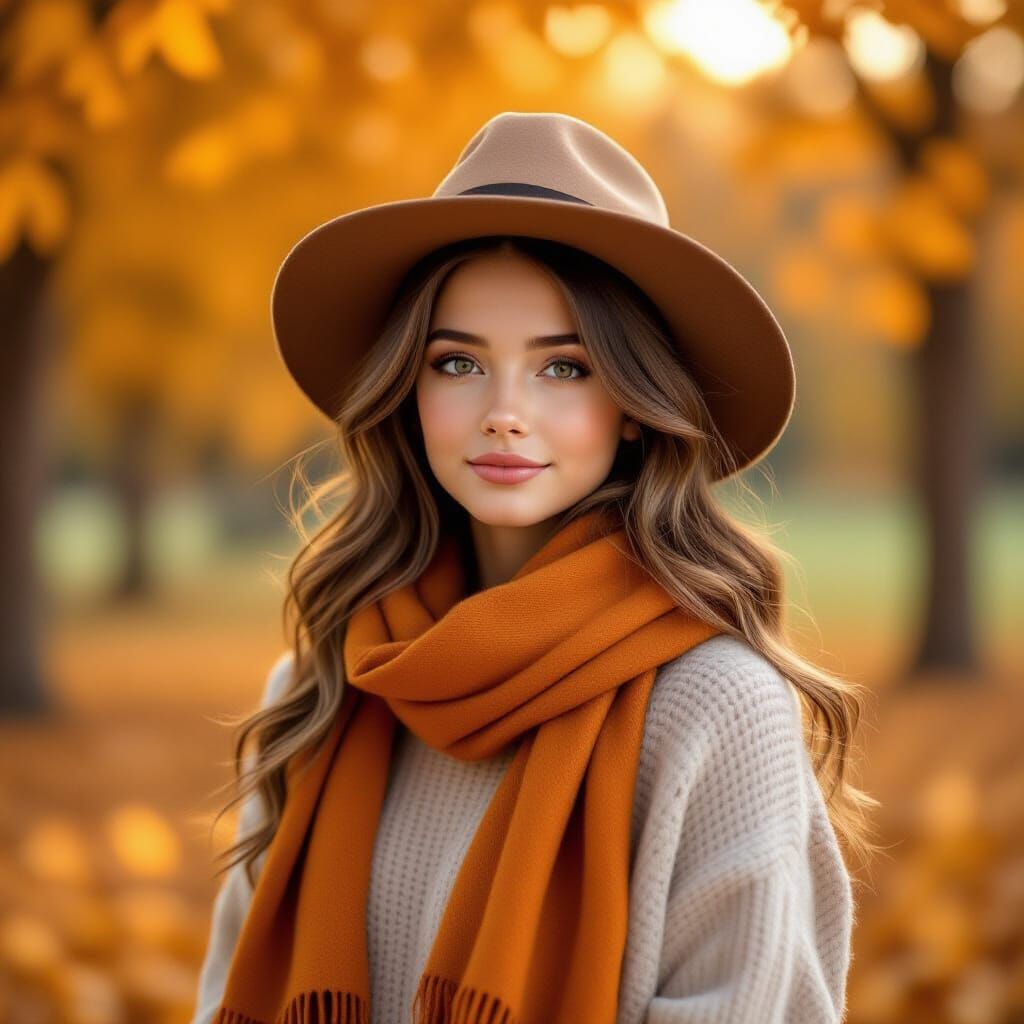 Autumn Girl Surrounded by Golden Leaves