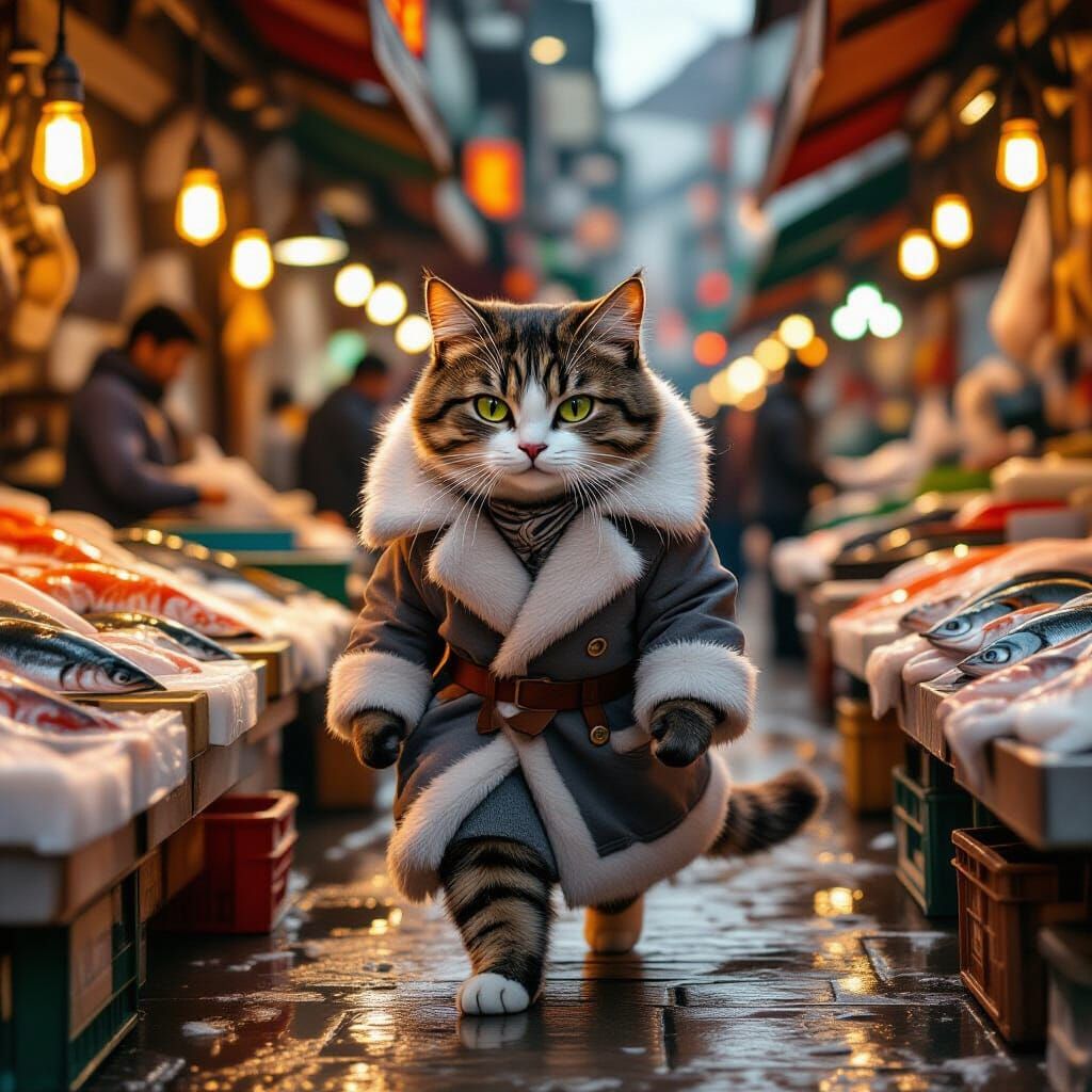 Mischievous Cat Burglar at Fish Market