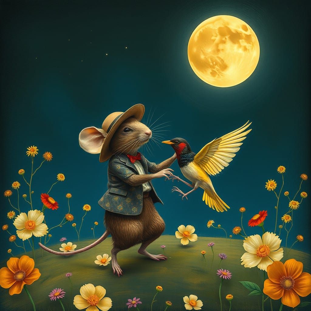 Mouse Dances with Bird Under Ethereal Moonlight