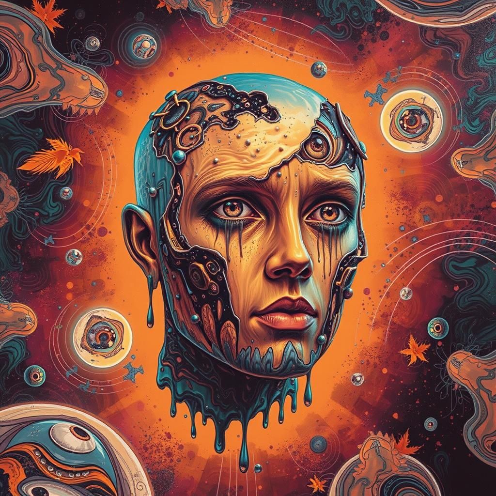 Psychedelic Melting Figure in Ethereal Landscape