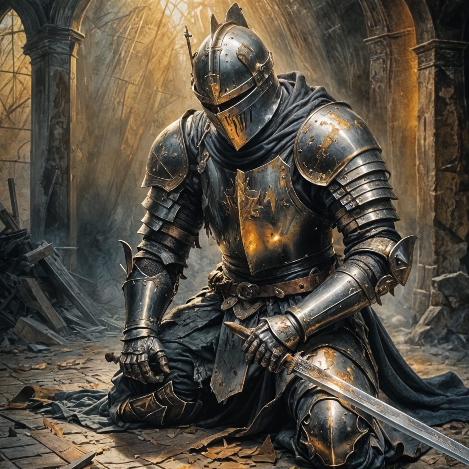 Battle-Worn Knight in Prayer Under Holy Light